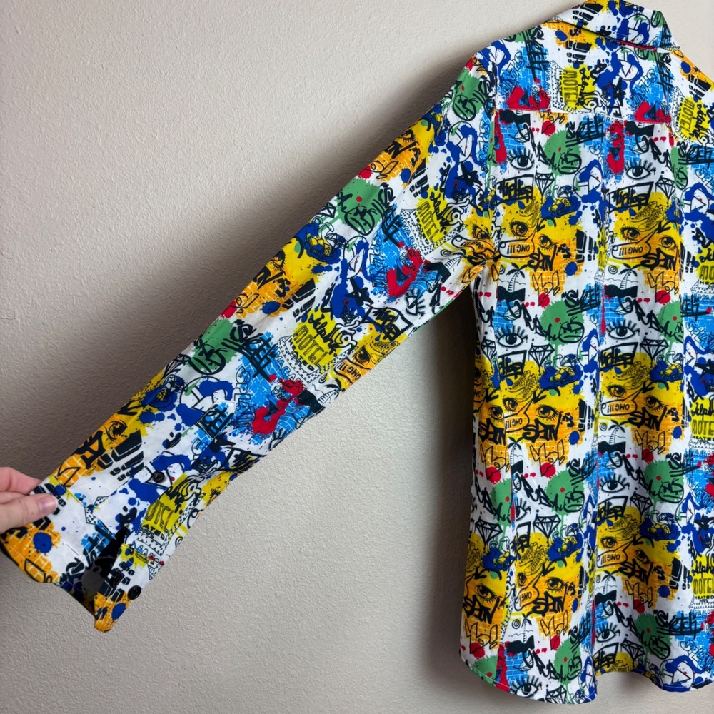 Suslo Couture Mens Slim Fit Graffiti Pop Art Button Down Shirt Multi Color M - Picture 3 of 13